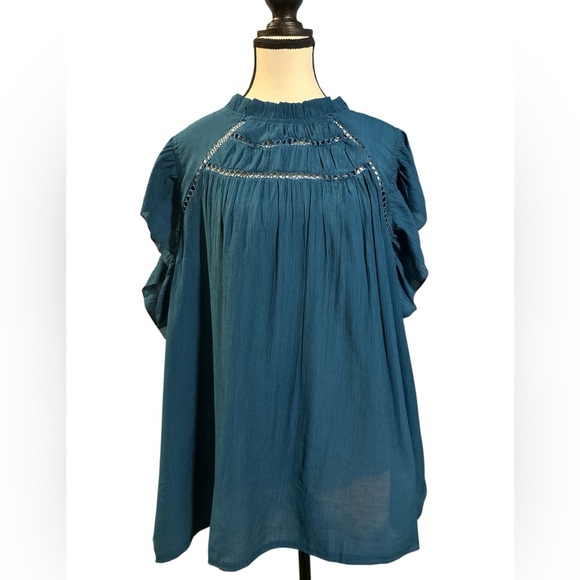 SHEIN Tops - SHEIN Blue Flutter Sleeve Blouse with Mandarin Collar